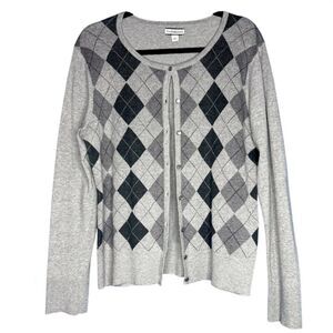 Women's Gray Argyle Long Sleeve Cardigan Sweater Twee Preppy Teacher Academia L